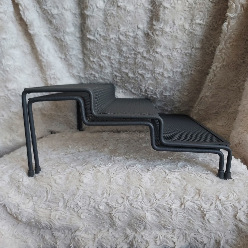 Modern Gray Metal Mesh Shelve or Drawer Organizers Tiered Risers Set Of 2 - Picture 2 of 5